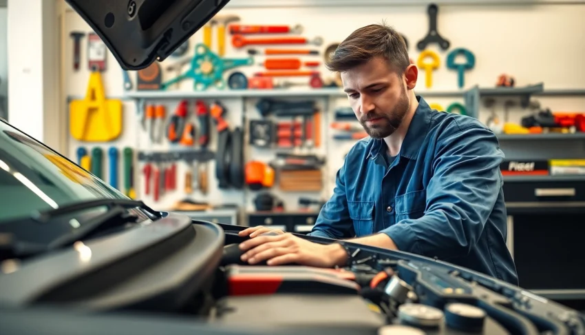 Find a mechanic near me efficiently examining a vehicle under bright lighting.