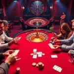 Experience the excitement at BIG88.BAR with players engaging in intense poker action amidst vibrant casino decor.