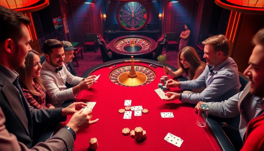 Experience the excitement at BIG88.BAR with players engaging in intense poker action amidst vibrant casino decor.