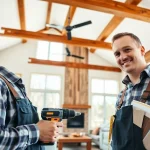 Showcase home renovation with a contractor working on a modern living room interior.