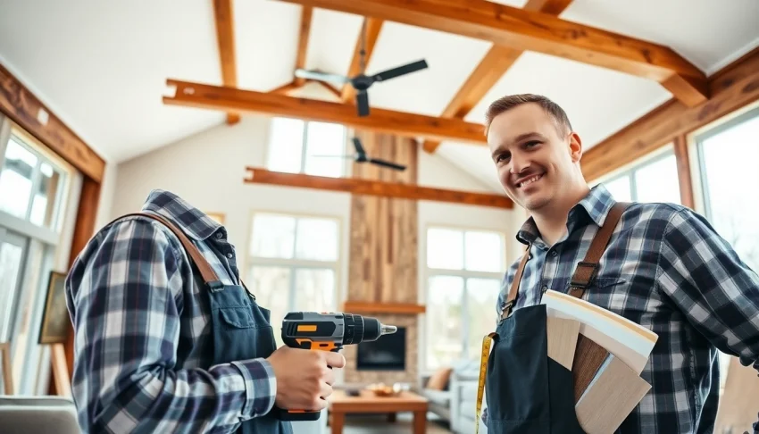Showcase home renovation with a contractor working on a modern living room interior.