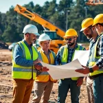 Team of professionals in construction association south carolina reviewing blueprints on-site.