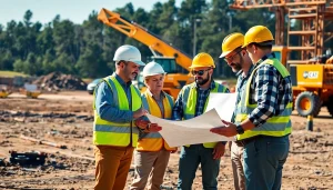 Team of professionals in construction association south carolina reviewing blueprints on-site.