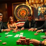 Engaged players at nhà cái 789BET casino table with poker chips and cards in focus.