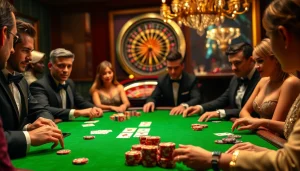 Engaged players at nhà cái 789BET casino table with poker chips and cards in focus.
