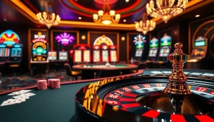 Experience the excitement of Bl555 with vibrant casino visuals featuring poker chips and slot machines.