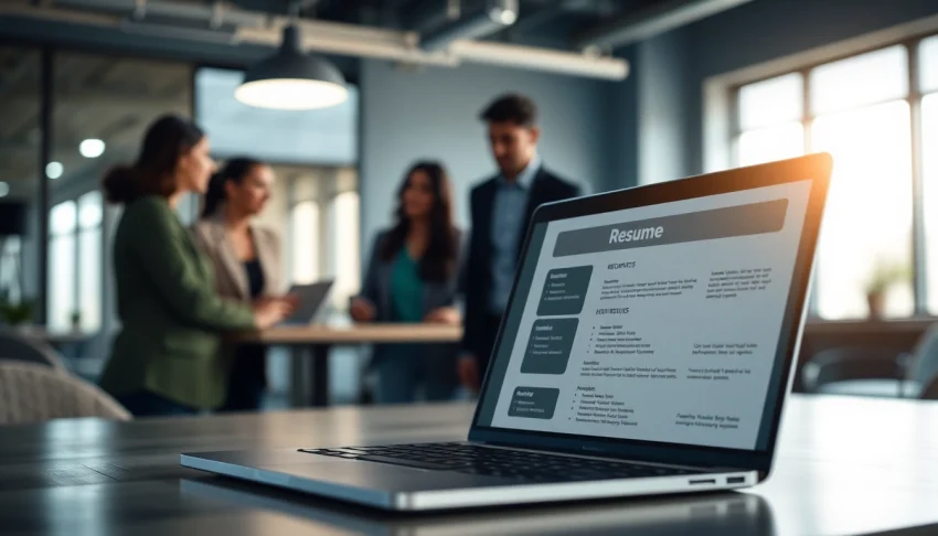 Engaging scene of professionals collaborating on resume building with laptops and documents.