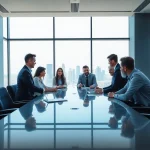 Engage in Business discussions during a modern office meeting with diverse participants.