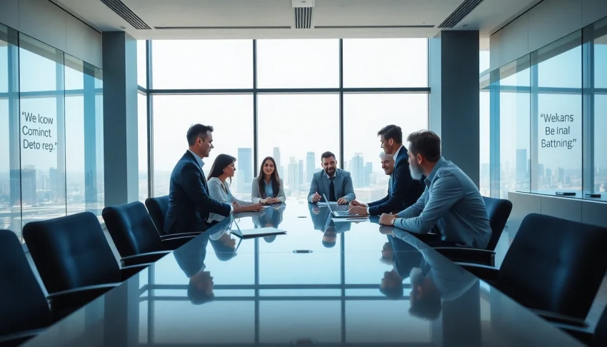 Engage in Business discussions during a modern office meeting with diverse participants.