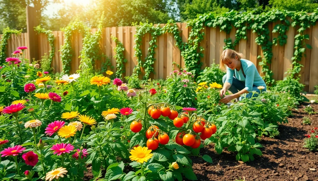 Engaged gardener tending to a vibrant garden of flowers and vegetables, promoting Gardening joy.