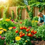 Engaged gardener tending to a vibrant garden of flowers and vegetables, promoting Gardening joy.