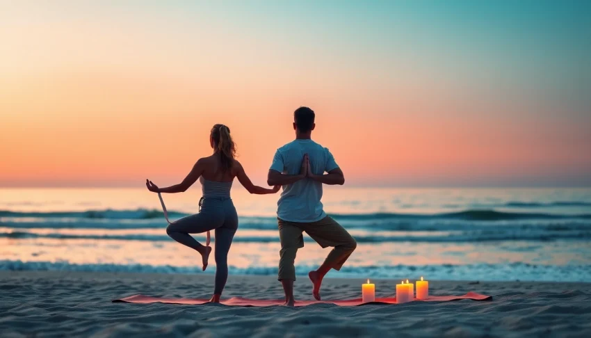 orbitnix.com에서 연인과 함께 요가를 즐기는 아늑한 해변 풍경