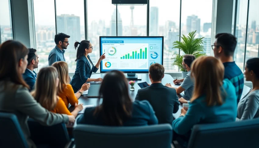 Engaged business team collaborating on strategies for success, conveying vibrant energy.