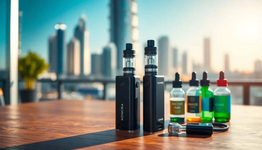 Showcase of vape starter kits Dubai featuring premium devices in an urban setting.