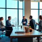 Engaging real estate office with dynamic agents collaborating in a bright workspace.