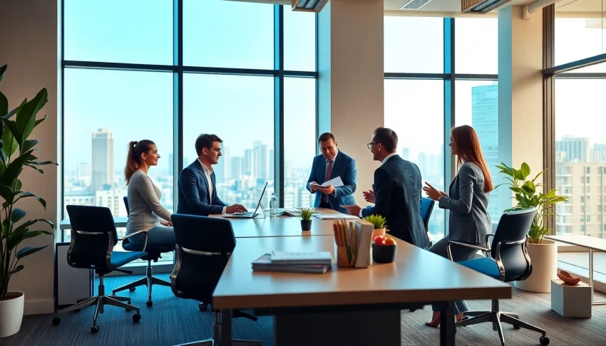 Engaging real estate office with dynamic agents collaborating in a bright workspace.