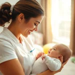 Infant care maid nurturing a baby in a bright, cozy nursery setting.