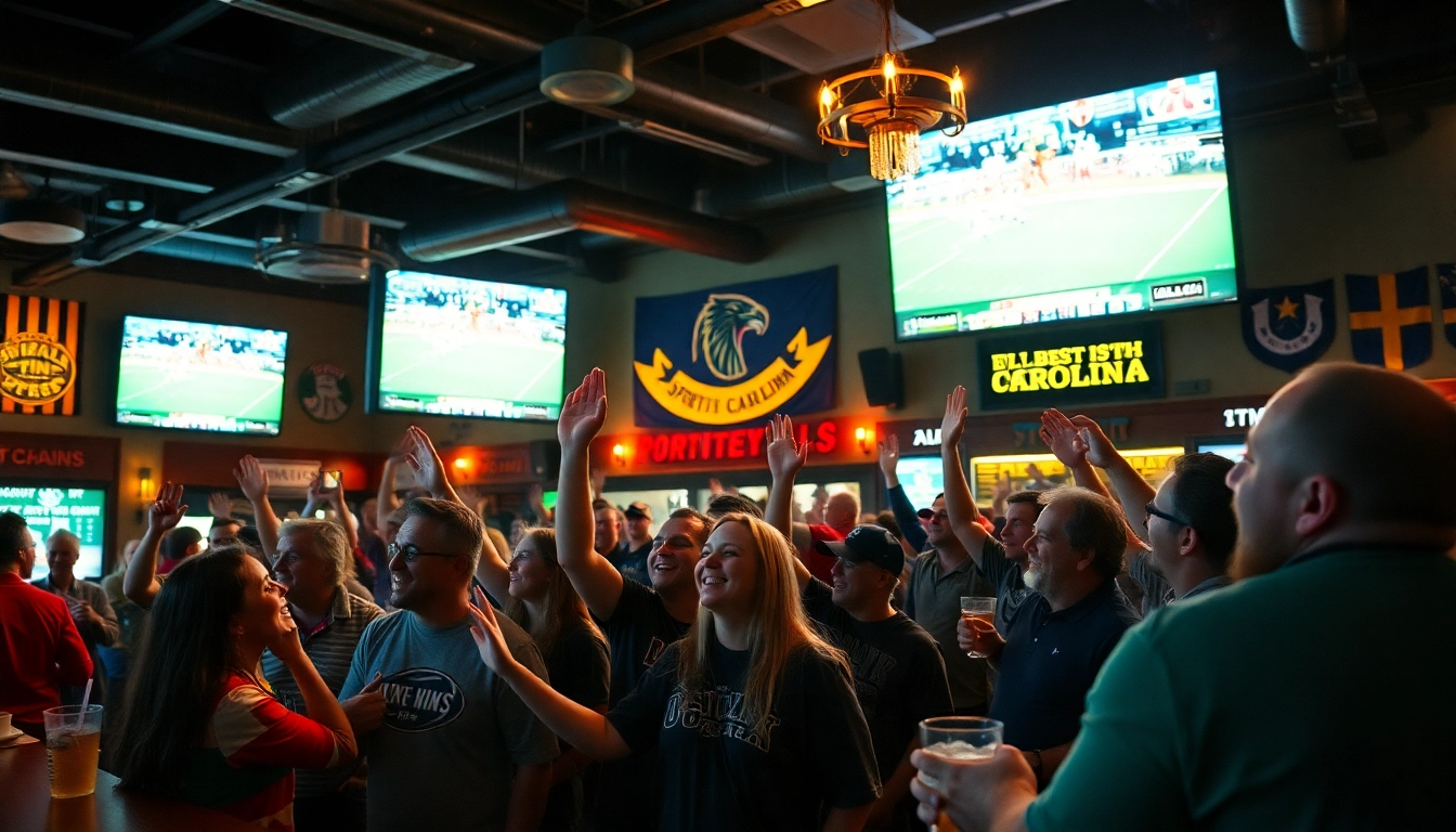 Fans engaging in sports betting in South Carolina at a vibrant sports bar.