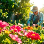 Gardening enthusiast nurturing colorful flowers in a bright, lush garden setting.