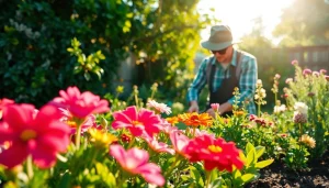 Gardening enthusiast nurturing colorful flowers in a bright, lush garden setting.