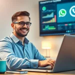 Utilize https://whatalker.com through a professional businessman engaging with WhatsApp Business CRM in a modern office.