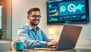 Utilize https://whatalker.com through a professional businessman engaging with WhatsApp Business CRM in a modern office.