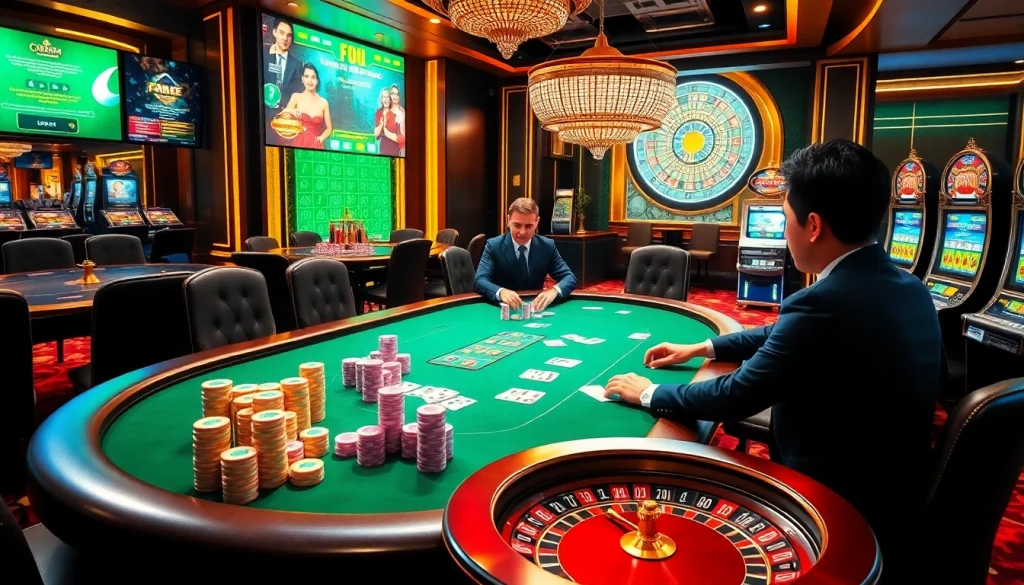 Players engage in intense poker action at JBO Vietnam casino, showcasing vibrant chips and thrilling games.