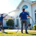 Pressure wash team cleaning a residential house exterior in Kissimmee, showcasing professional services.