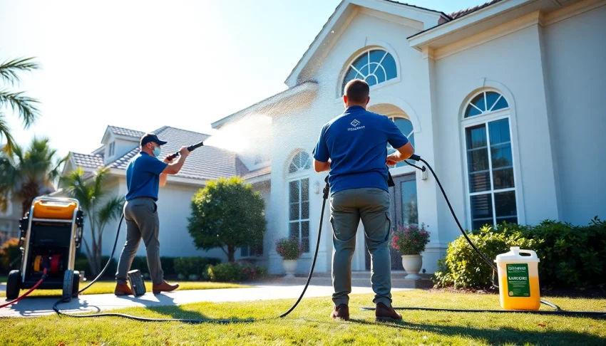 Pressure wash team cleaning a residential house exterior in Kissimmee, showcasing professional services.