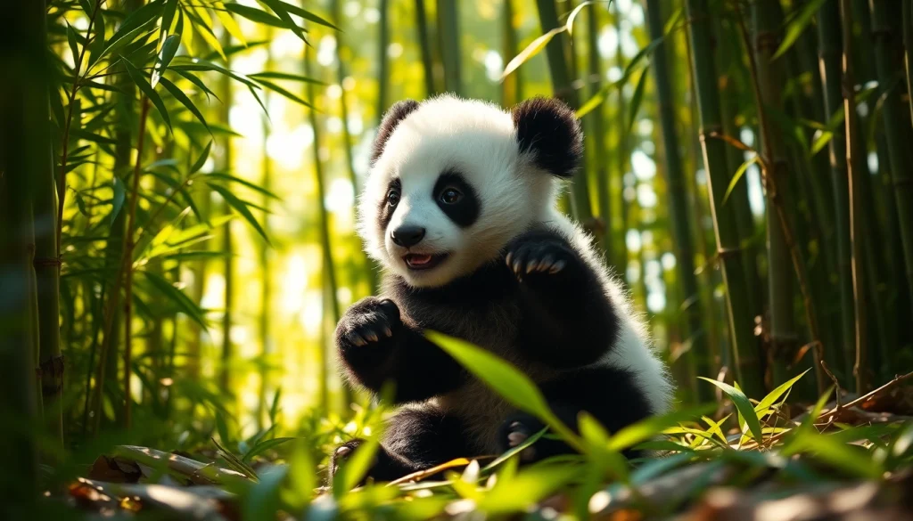 Rencontre d'un panda cub joyeux sur pandachi.fr dans une forêt de bambou luxuriant.
