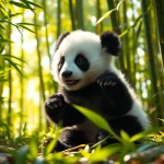 Rencontre d'un panda cub joyeux sur pandachi.fr dans une forêt de bambou luxuriant.