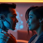 Engaging with a sex AI chatbot in a warm, futuristic digital environment.
