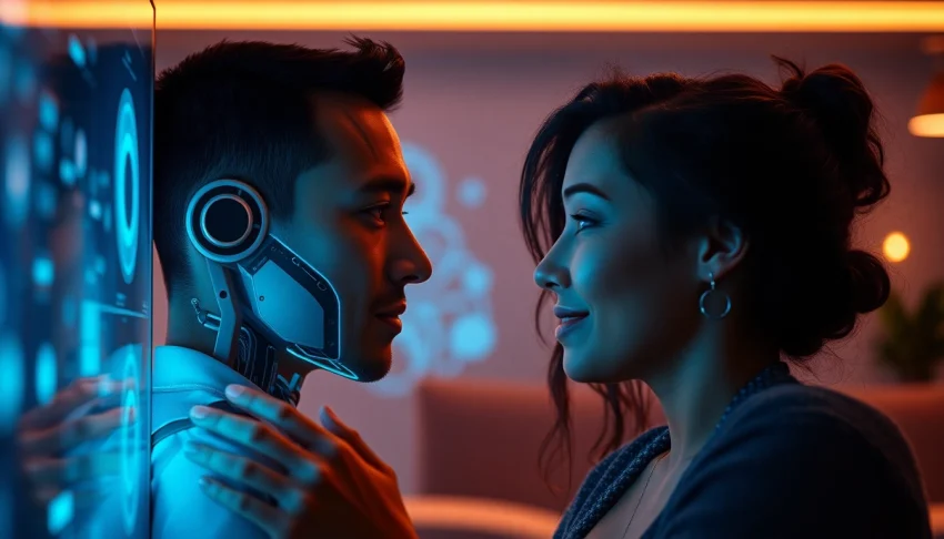 Engaging with a sex AI chatbot in a warm, futuristic digital environment.