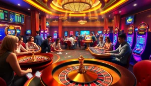 Players enjoying a vibrant online casino experience at https://riobett.com.br with poker tables, slot machines, and roulette.