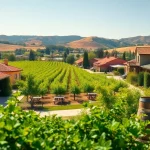 Vibrant landscape of Clarksburg, CA with vineyards and historic buildings.