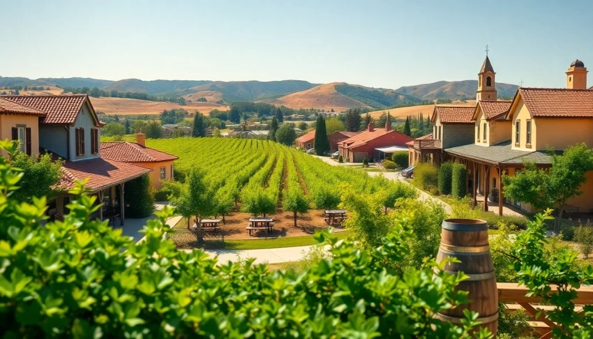 Vibrant landscape of Clarksburg, CA with vineyards and historic buildings.