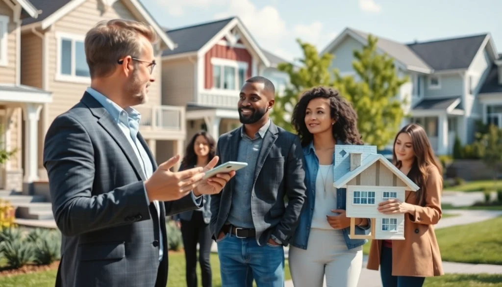 Real Estate market scene showcasing a diverse group discussing properties in a vibrant neighborhood.