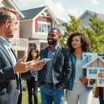 Real Estate market scene showcasing a diverse group discussing properties in a vibrant neighborhood.
