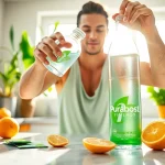 Puraboost energy drink preparation in a bright kitchen with fruits.