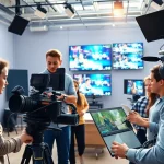 Video Production Company Calgary engaged in teamwork within a professional studio setting.