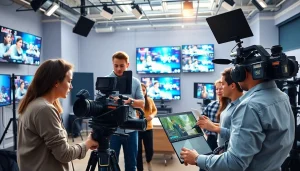 Video Production Company Calgary engaged in teamwork within a professional studio setting.