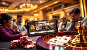 New66 mobile gaming experience featuring vibrant casino elements like poker chips and roulette.