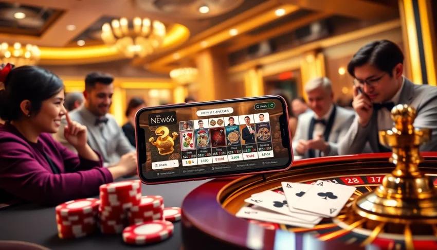 New66 mobile gaming experience featuring vibrant casino elements like poker chips and roulette.