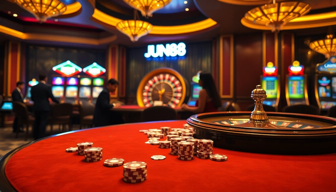 Experience the excitement of nhà cái Jun88 with vibrant casino visuals featuring poker chips, cards, and a roulette wheel.