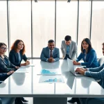 Business professionals collaborating in a modern office setting during a meeting.