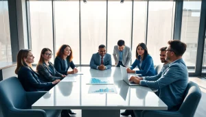 Business professionals collaborating in a modern office setting during a meeting.