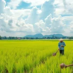 Petani toto yang sedang memanen di ladang padi dengan latar belakang indah.