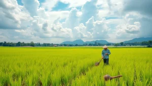 Petani toto yang sedang memanen di ladang padi dengan latar belakang indah.