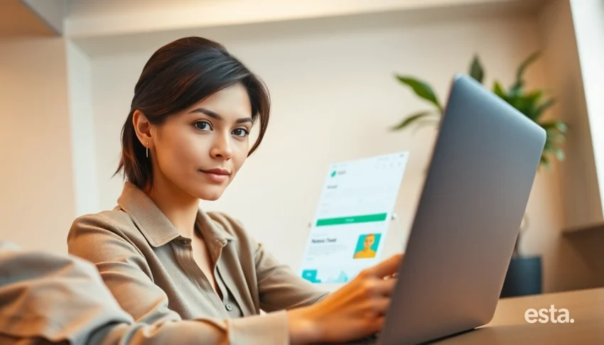 Engaged user completing the esta application on a laptop in a modern workspace.