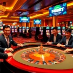 Experience the thrill of F8BET at a vibrant casino scene with roulette, poker chips, and digital interfaces.